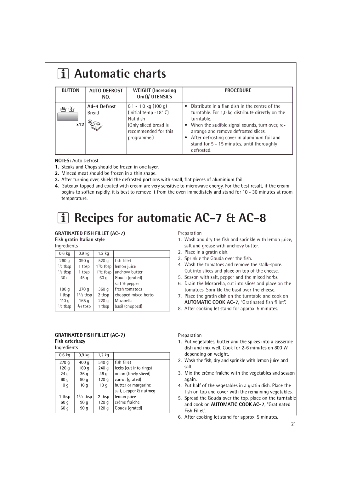 AEG MCD1751E Recipes for automatic AC-7 & AC-8, Unit/ Utensils Ad-4 Defrost, Fish gratin Italian style, Fish esterhazy 