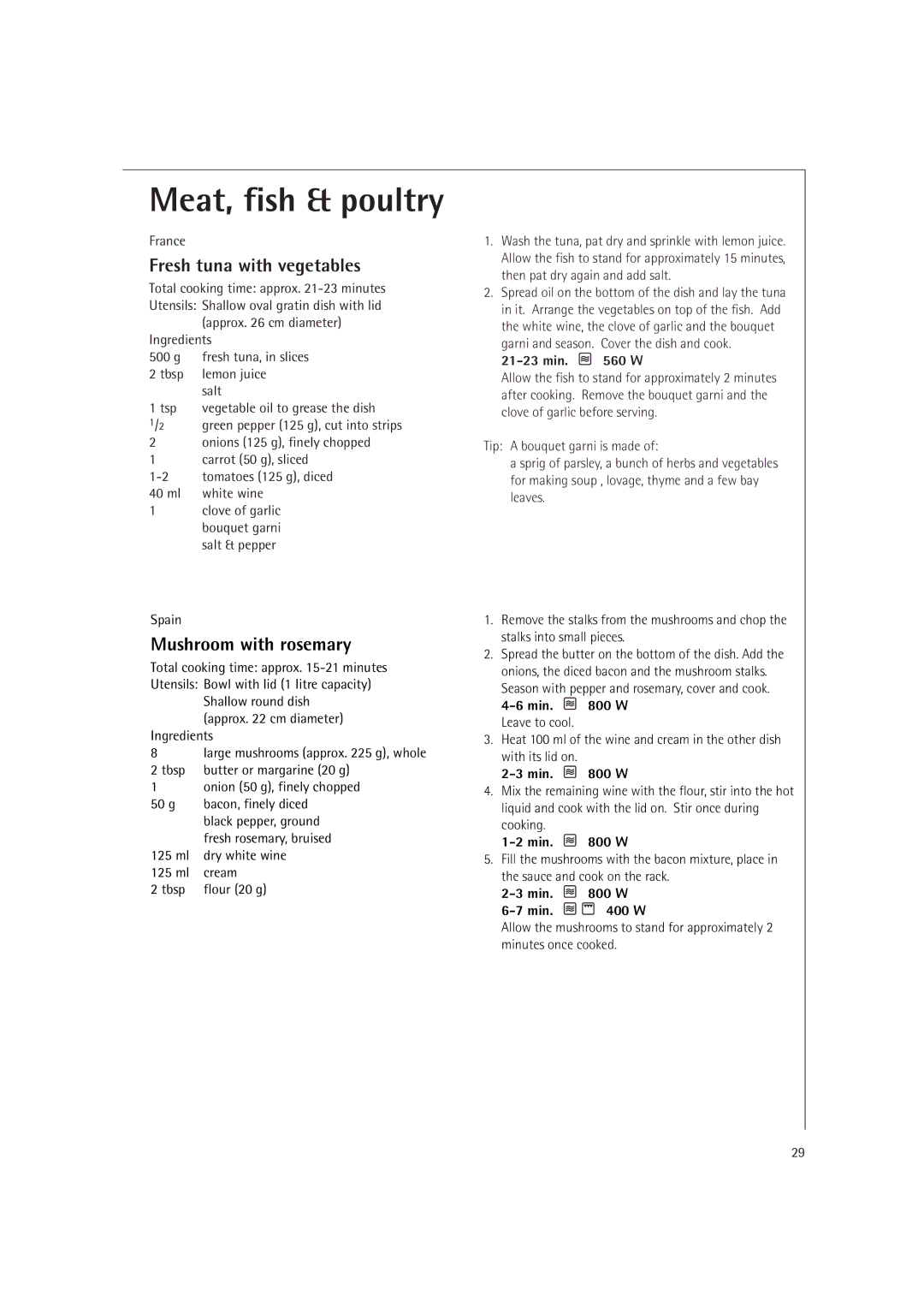 AEG MCD1751E, MCD1761E manual Meat, fish & poultry, Fresh tuna with vegetables, Mushroom with rosemary, Min W Leave to cool 