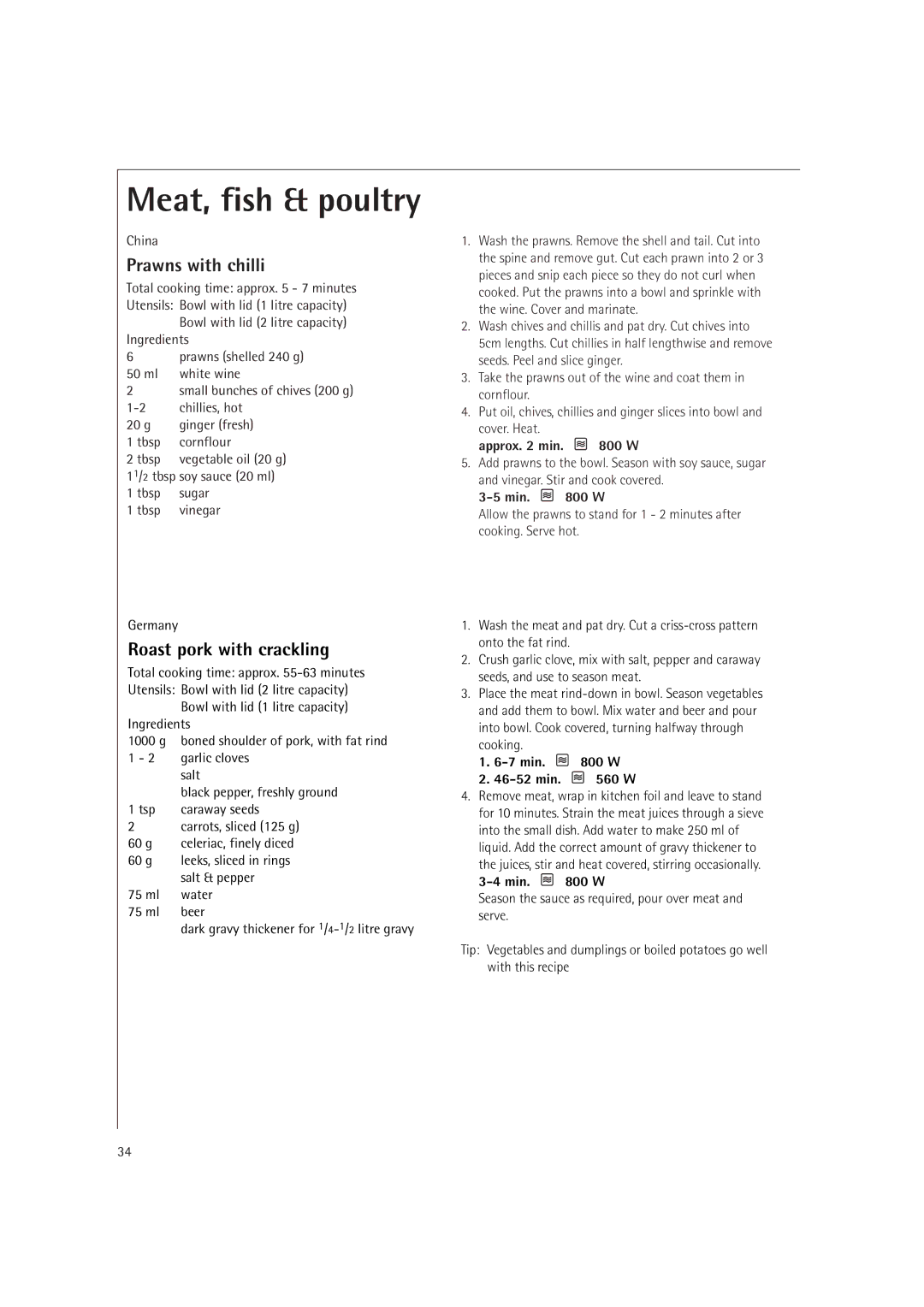 AEG MCD1761E, MCD1751E manual Prawns with chilli, Roast pork with crackling, China, Prawns shelled 240 g, Tbsp Sugar Vinegar 