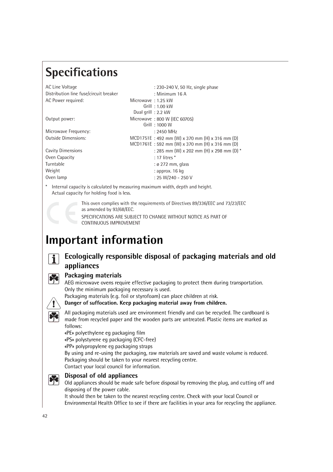 AEG MCD1761E, MCD1751E manual Specifications, Packaging materials, Disposal of old appliances 