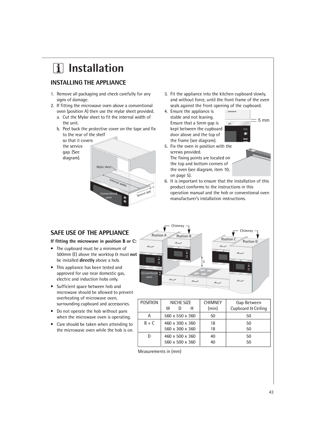 AEG MCD1751E, MCD1761E manual Installation, Installing the Appliance, Safe USE of the Appliance 