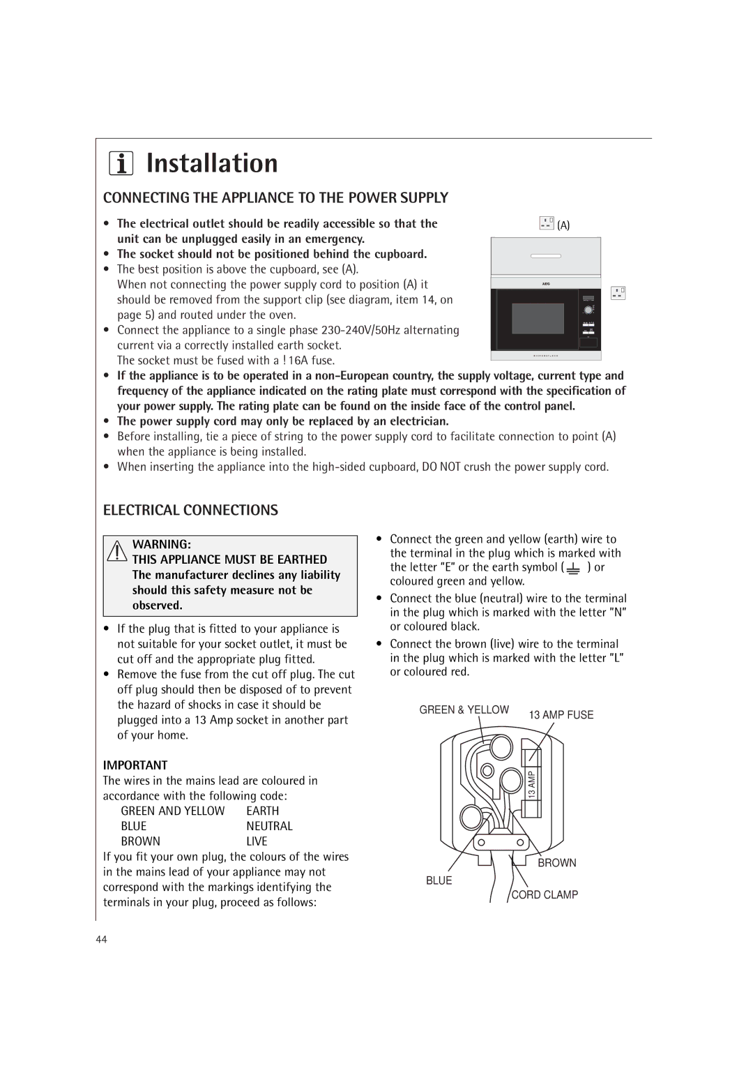 AEG MCD1761E, MCD1751E manual Connecting the Appliance to the Power Supply 