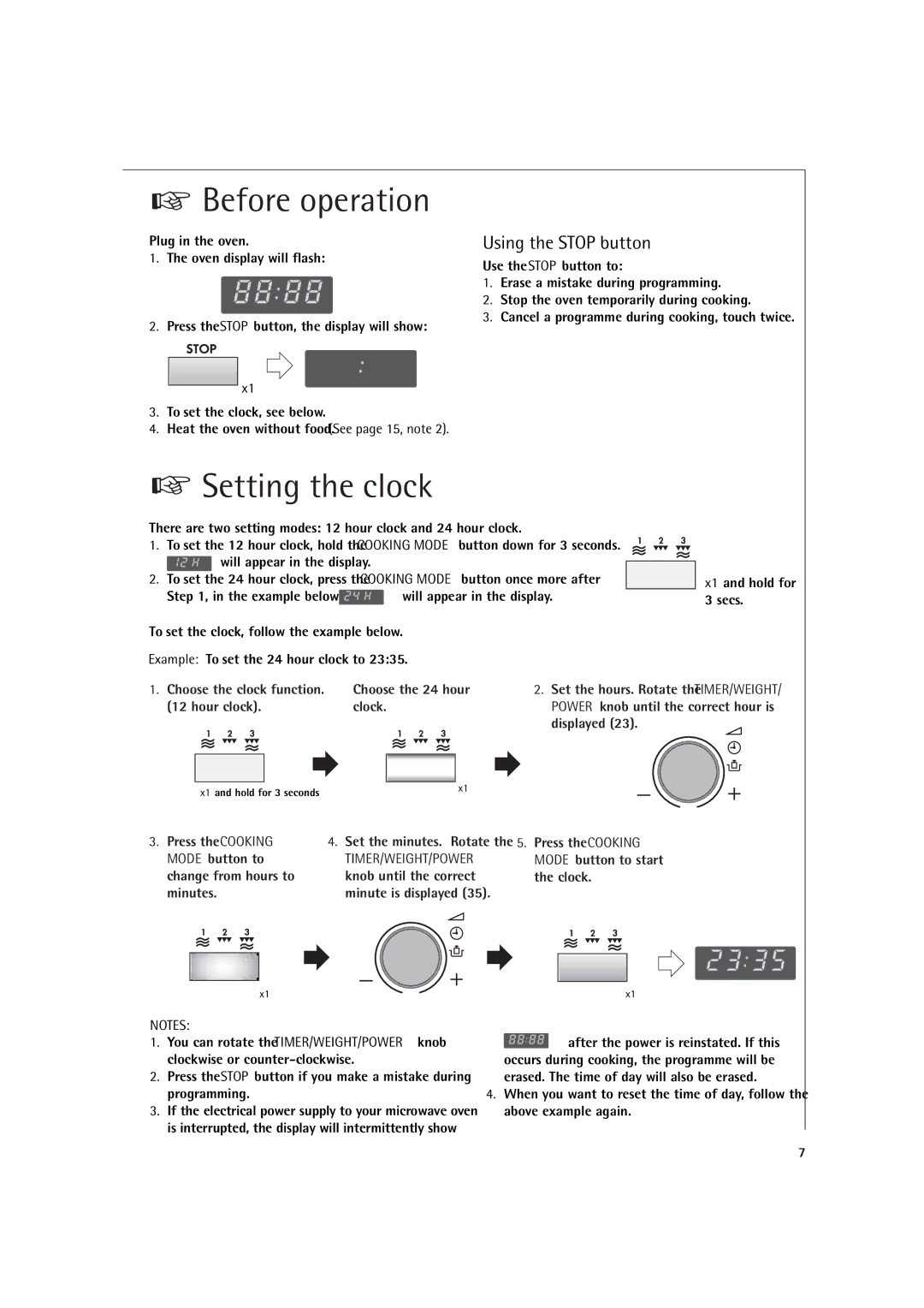 AEG MCD1751E, MCD1761E manual Before operation, Setting the clock, Using the Stop button, Press the Cooking 