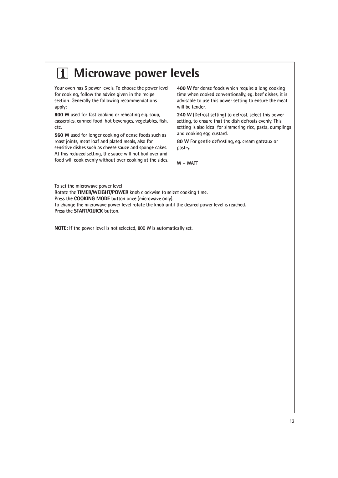 AEG MCD1751E, MCD1761E manual Microwave power levels 