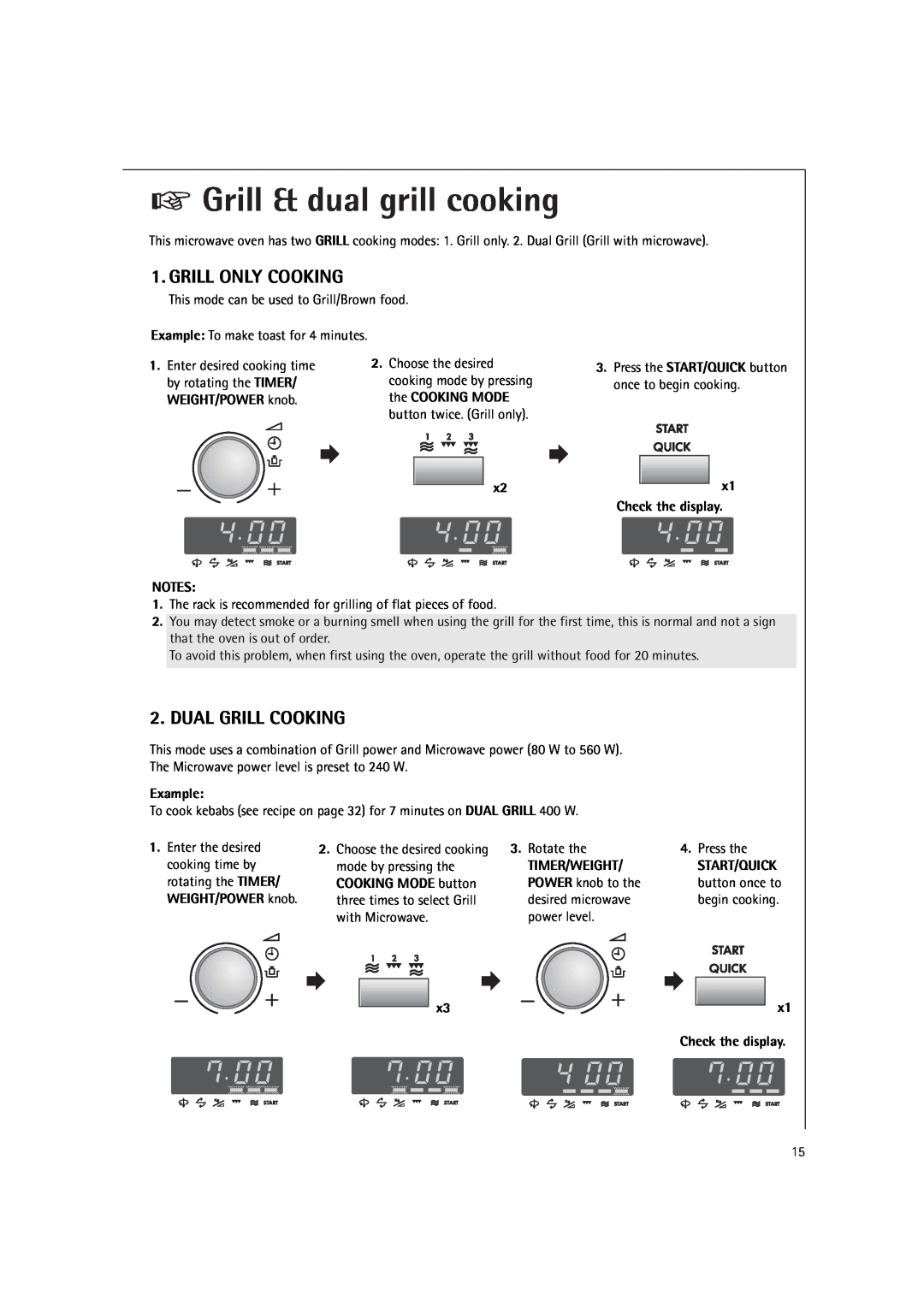 AEG MCD1751E, MCD1761E manual Grill & dual grill cooking, Grill Only Cooking, Dual Grill Cooking 