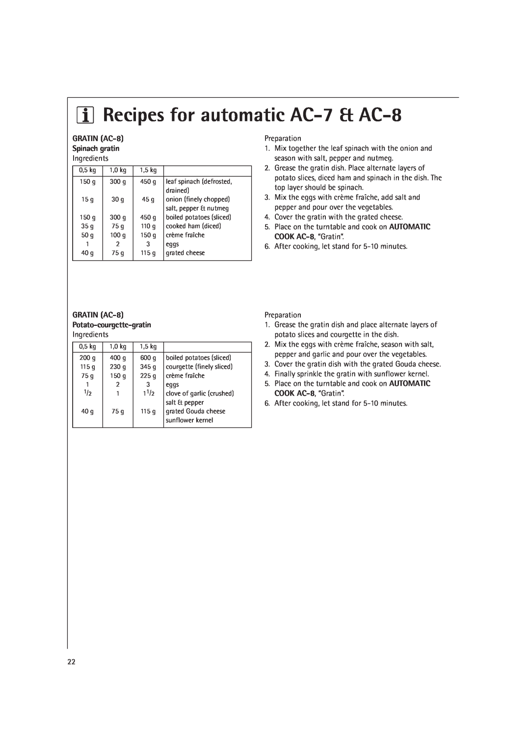 AEG MCD1761E, MCD1751E Recipes for automatic AC-7& AC-8, GRATIN AC-8 Spinach gratin, GRATIN AC-8 Potato-courgette-gratin 