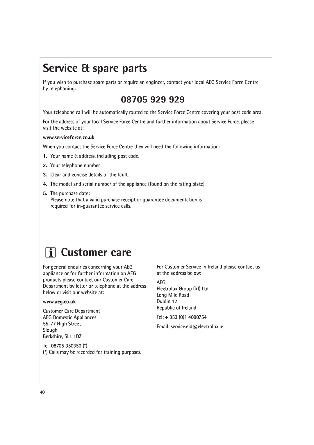 AEG MCD1761E, MCD1751E manual Service & spare parts, Customer care, 08705 
