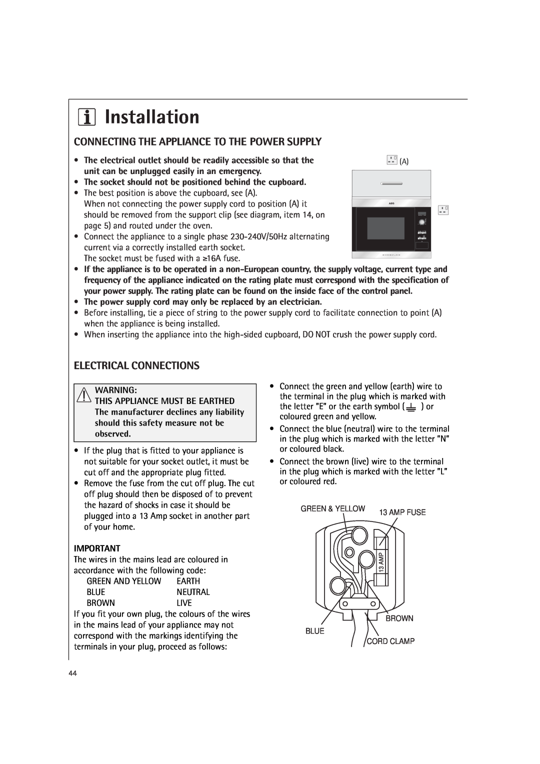 AEG MCD1761E, MCD1751E manual Connecting The Appliance To The Power Supply, Electrical Connections, Installation 