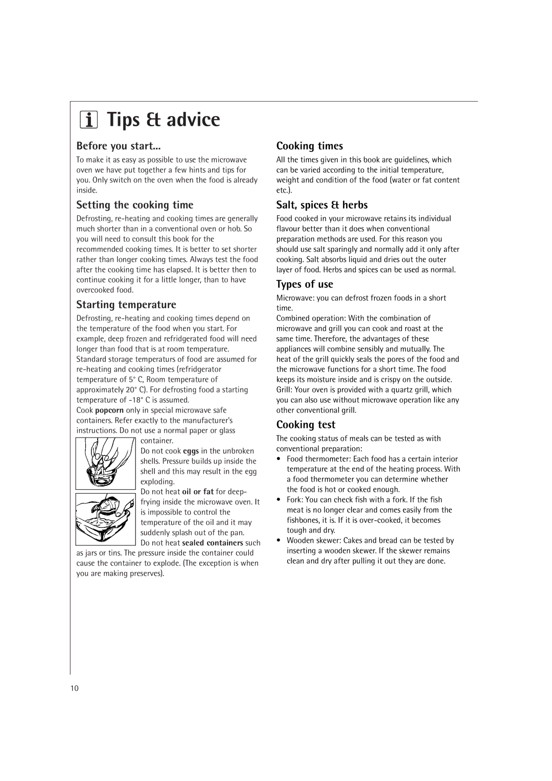 AEG MCD2661E, MCD2660E Tips & advice, Before you start, Setting the cooking time, Starting temperature 