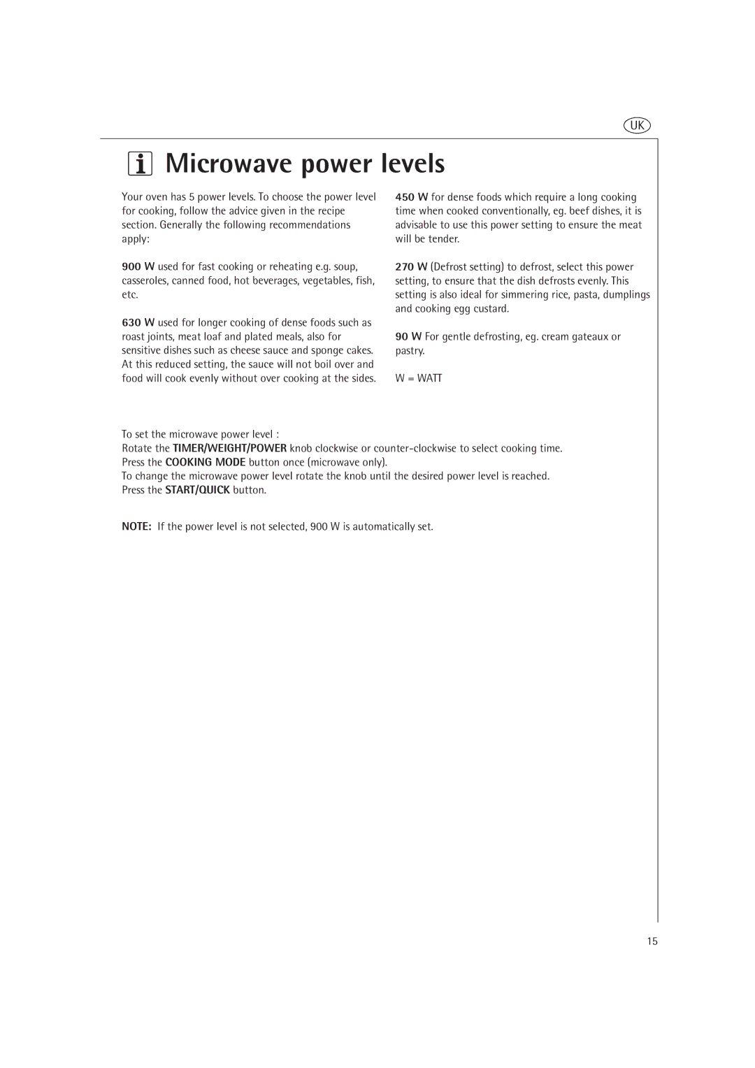 AEG MCD2660E, MCD2661E operating instructions Microwave power levels, = Watt 