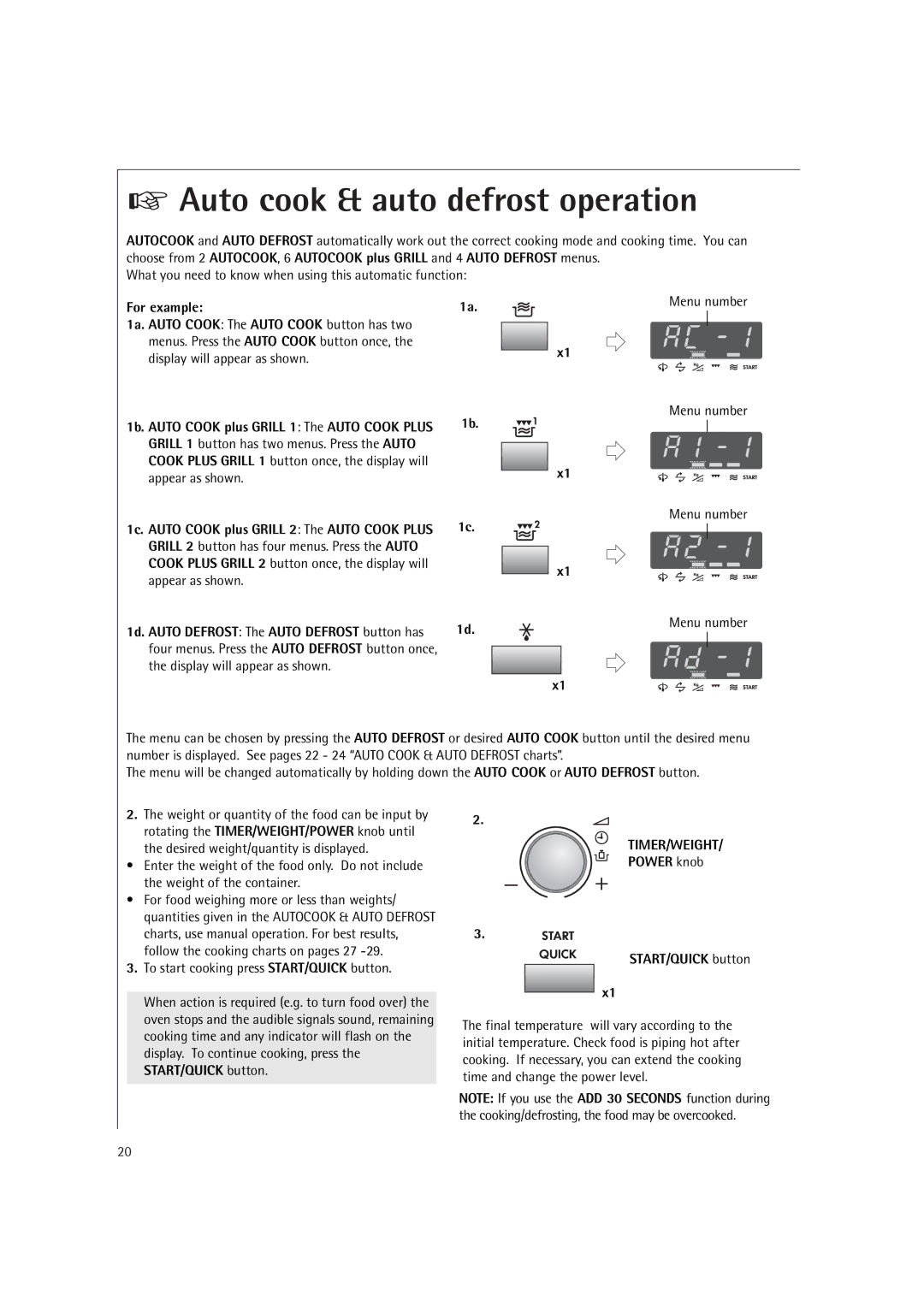 AEG MCD2661E, MCD2660E operating instructions Auto cook & auto defrost operation, Timer/Weight 