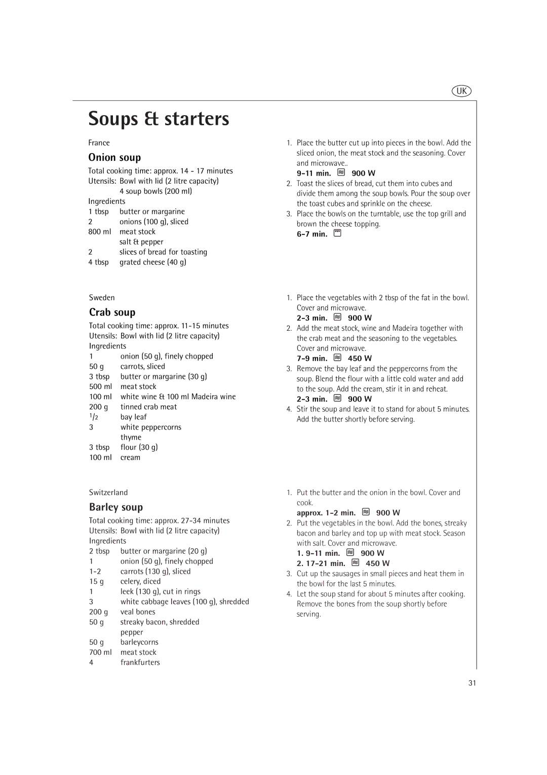 AEG MCD2660E, MCD2661E operating instructions Soups & starters, Onion soup, Crab soup, Barley soup 