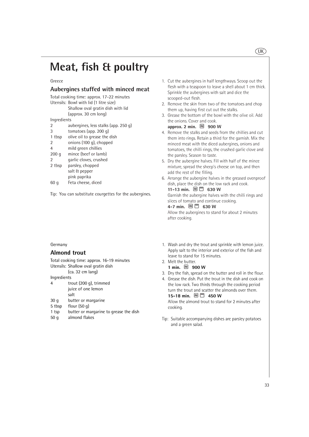 AEG MCD2660E, MCD2661E operating instructions Meat, fish & poultry, Aubergines stuffed with minced meat, Almond trout 