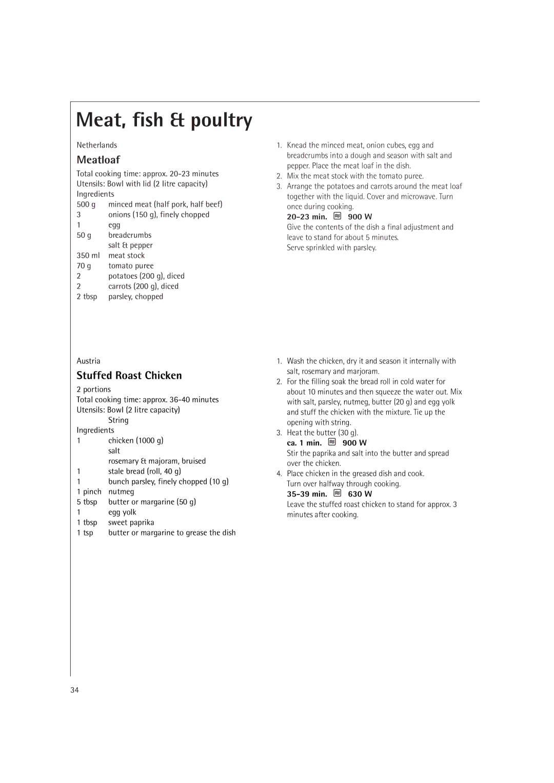 AEG MCD2661E, MCD2660E operating instructions Meatloaf, Stuffed Roast Chicken, Ca min W 