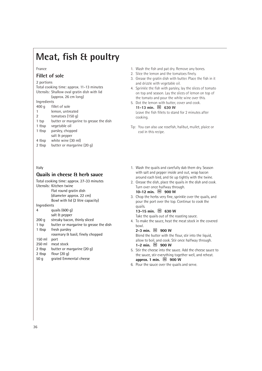 AEG MCD2661E, MCD2660E operating instructions Fillet of sole, Quails in cheese & herb sauce, Approx min W 