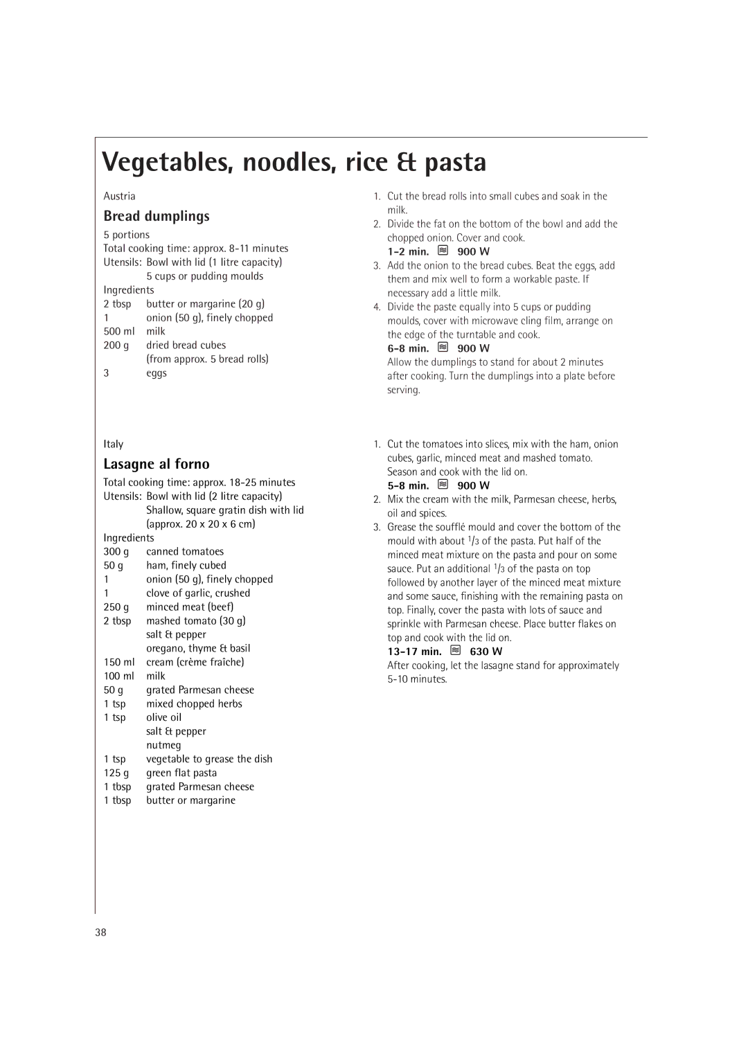 AEG MCD2661E, MCD2660E operating instructions Bread dumplings, Lasagne al forno 