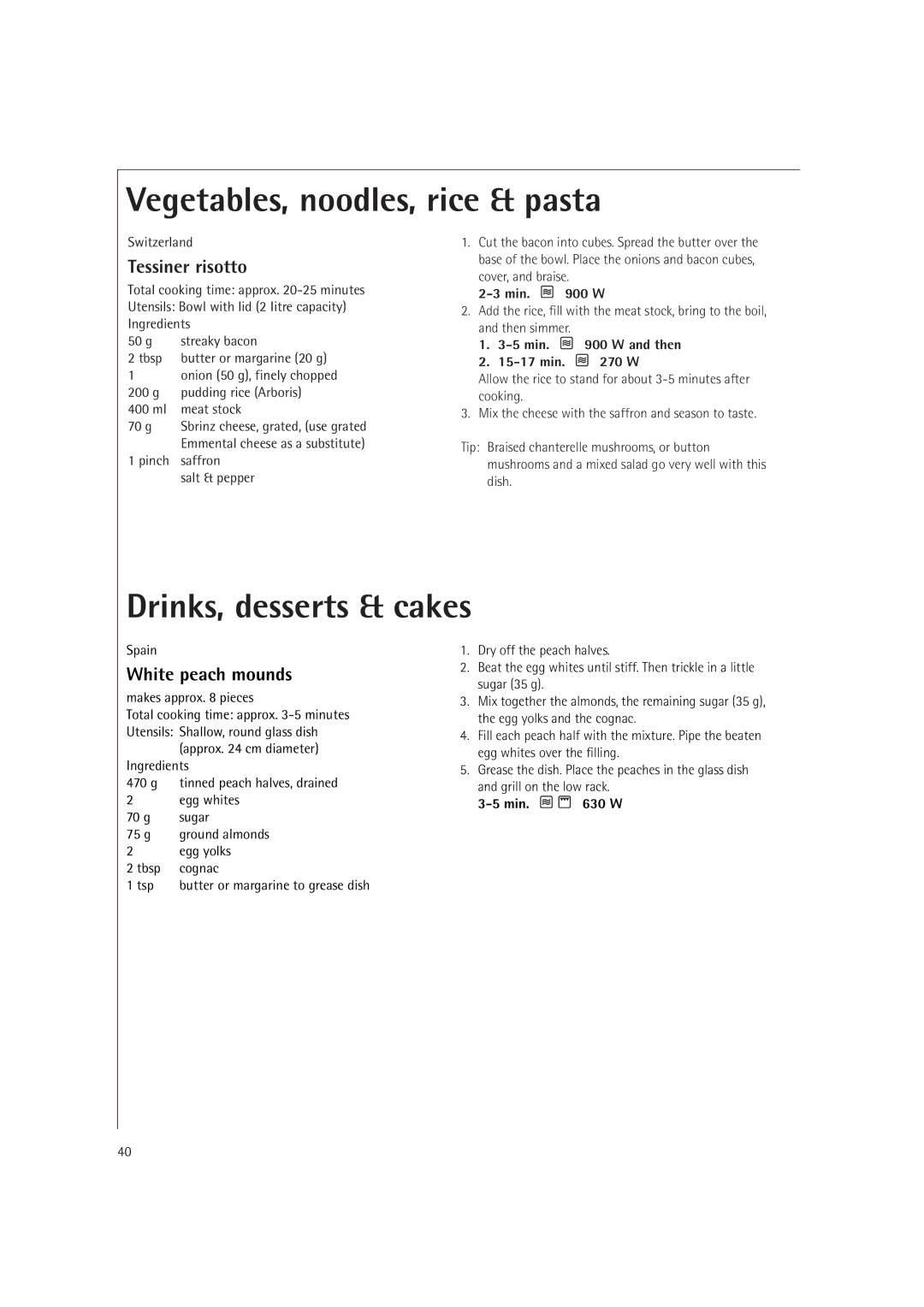 AEG MCD2661E, MCD2660E operating instructions Drinks, desserts & cakes, Tessiner risotto, White peach mounds 