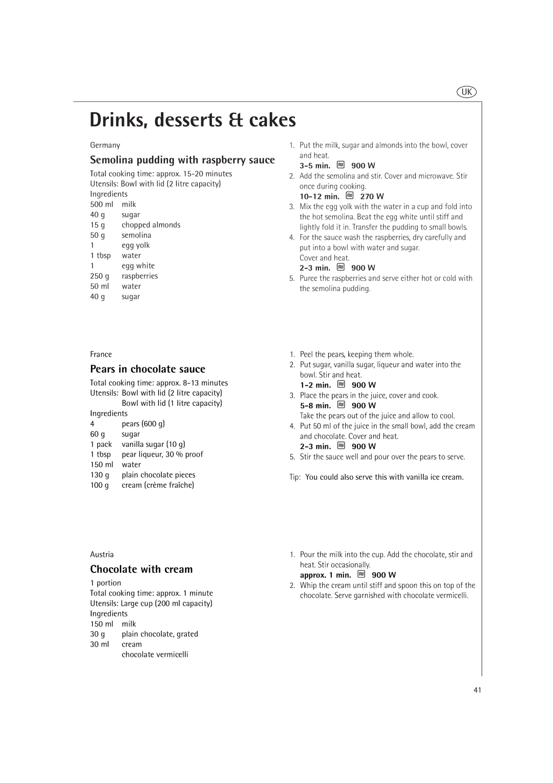 AEG MCD2660E, MCD2661E operating instructions Pears in chocolate sauce, Chocolate with cream 