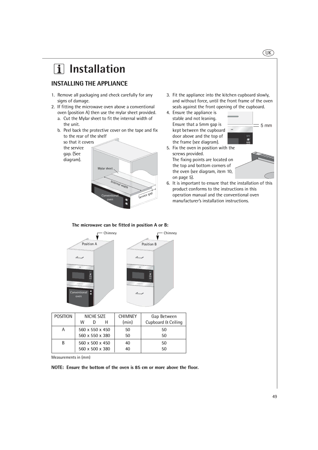 AEG MCD2660E, MCD2661E Installation, Installing the Appliance, Microwave can be fitted in position a or B 