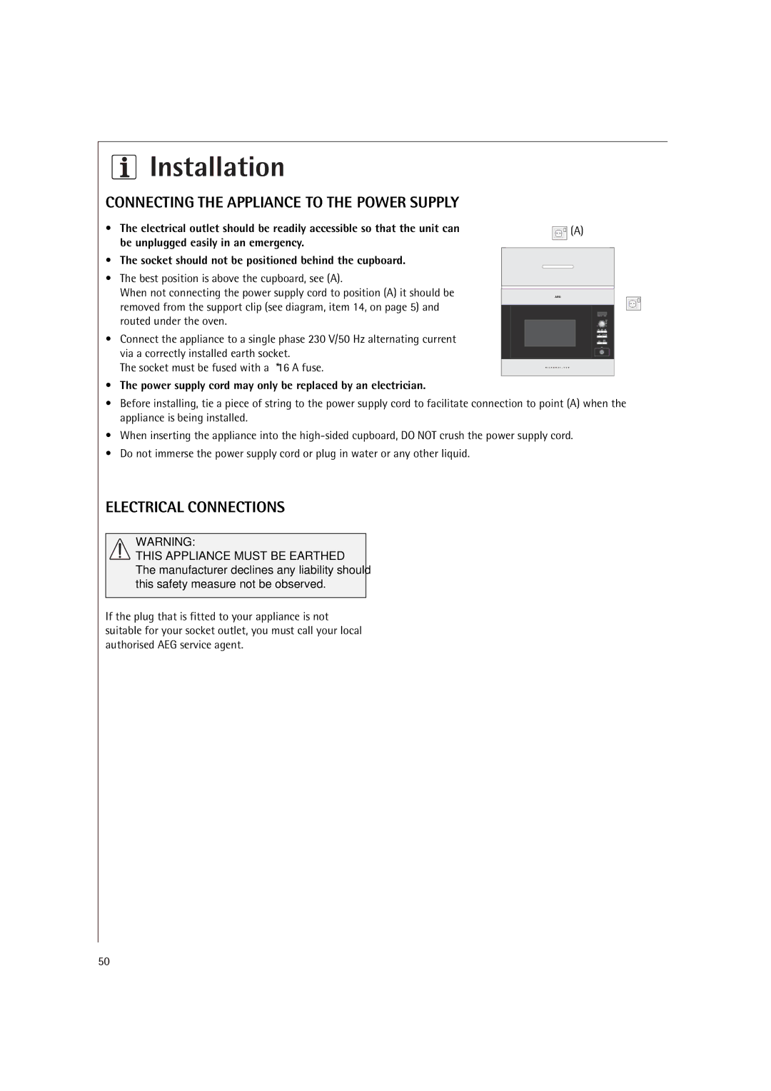 AEG MCD2661E Connecting the Appliance to the Power Supply, Electrical Connections, This Appliance Must be Earthed 