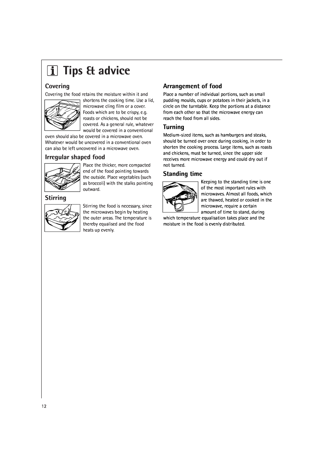 AEG MCD2661E Tips & advice, Covering, Irregular shaped food, Stirring, Arrangement of food, Turning, Standing time 