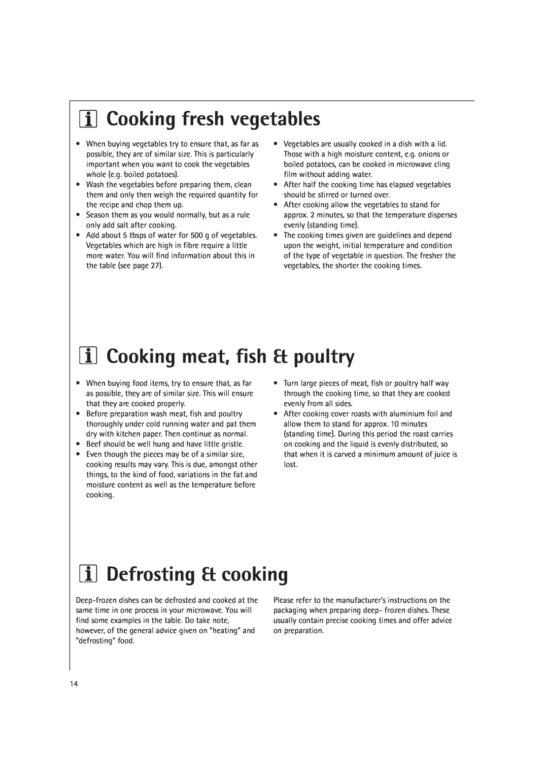 AEG MCD2661E, MCD2660E operating instructions Cooking fresh vegetables, Cooking meat, fish & poultry, Defrosting & cooking 