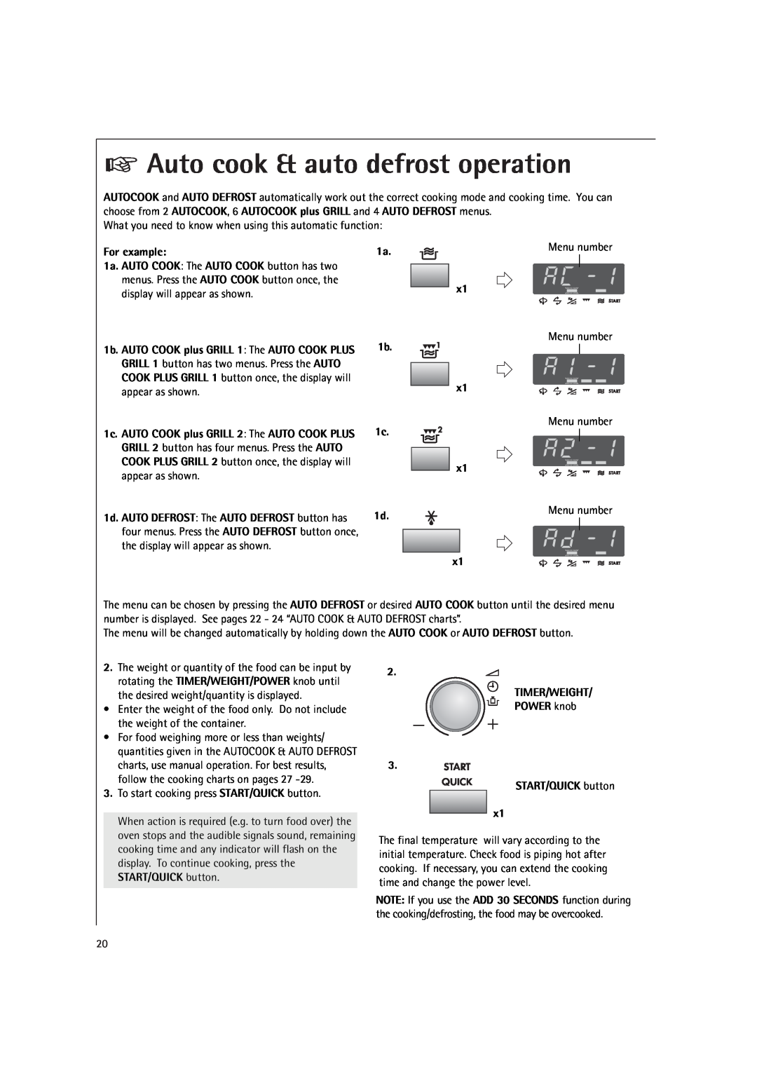 AEG MCD2661E, MCD2660E operating instructions Auto cook & auto defrost operation 