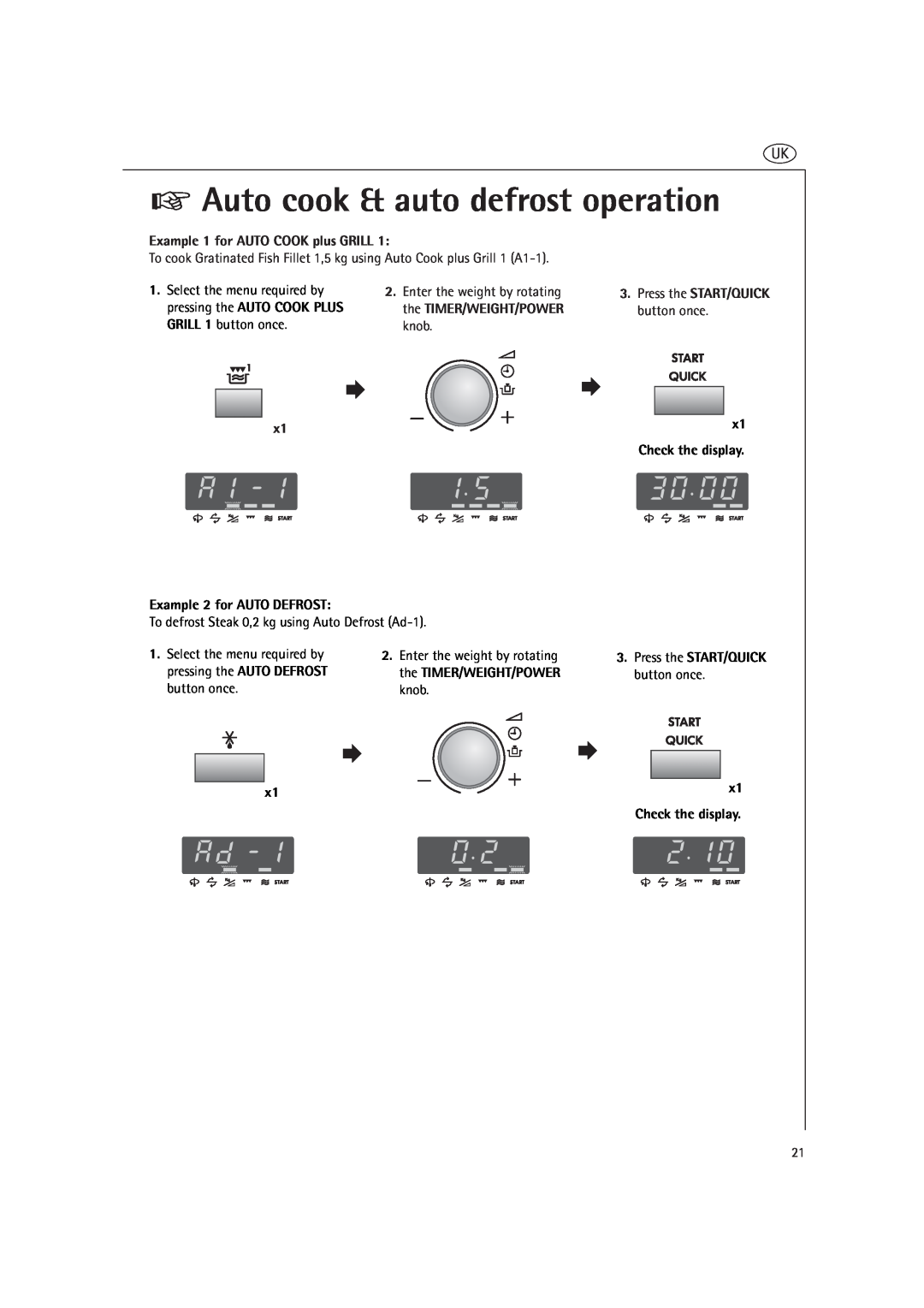 AEG MCD2660E Auto cook & auto defrost operation, Example 1 for AUTO COOK plus GRILL, knob, Enter the weight by rotating 