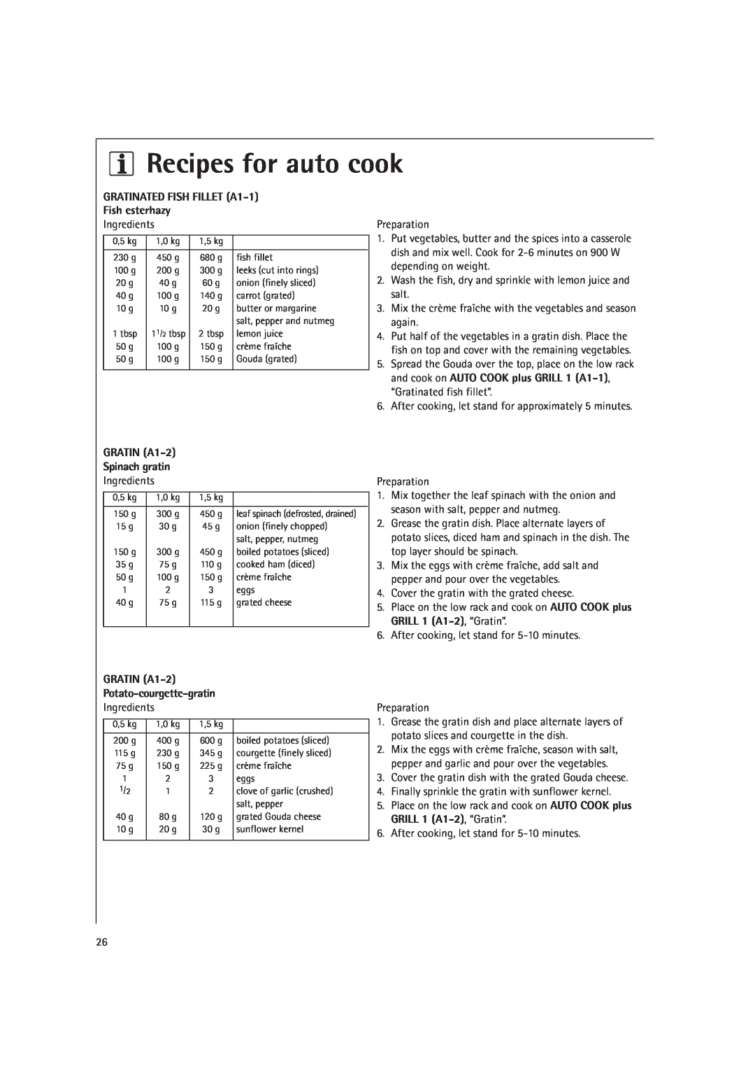 AEG MCD2661E, MCD2660E Recipes for auto cook, GRATINATED FISH FILLET A1-1 Fish esterhazy, GRATIN A1-2 Spinach gratin 