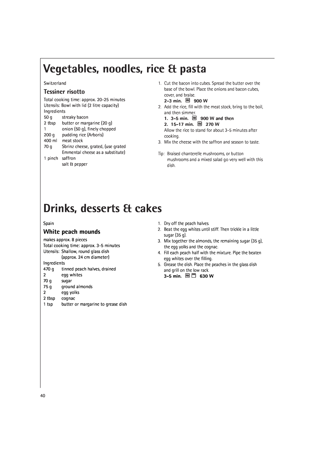 AEG MCD2661E, MCD2660E Drinks, desserts & cakes, Vegetables, noodles, rice & pasta, Tessiner risotto, White peach mounds 