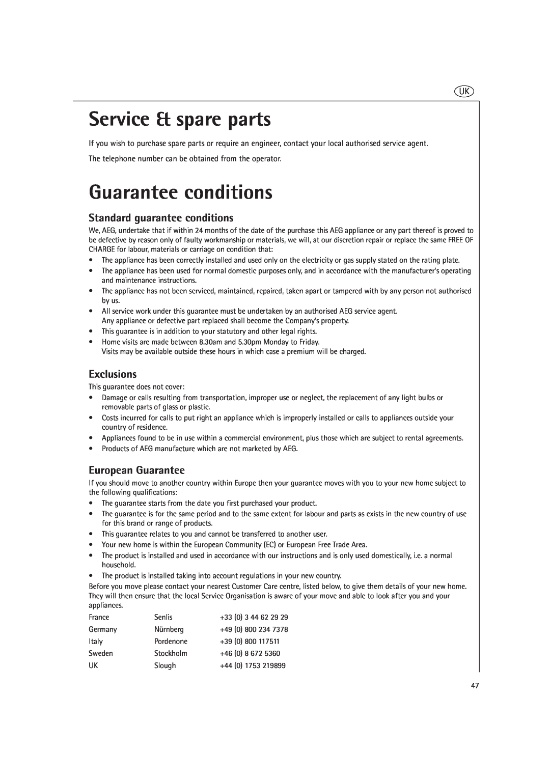 AEG MCD2660E Service & spare parts, Guarantee conditions, Standard guarantee conditions, Exclusions, European Guarantee 