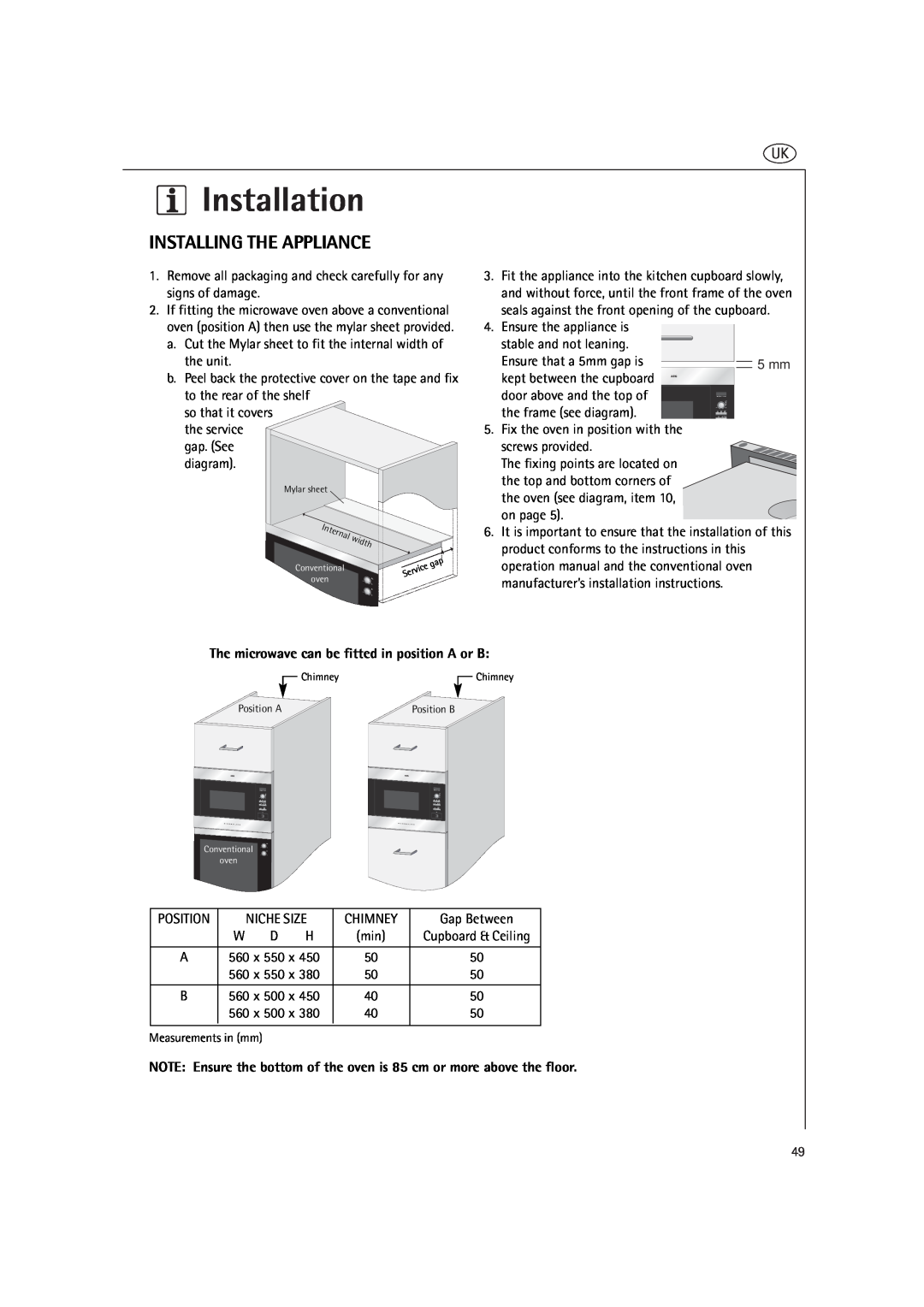 AEG MCD2660E, MCD2661E operating instructions Installation, Installing The Appliance 