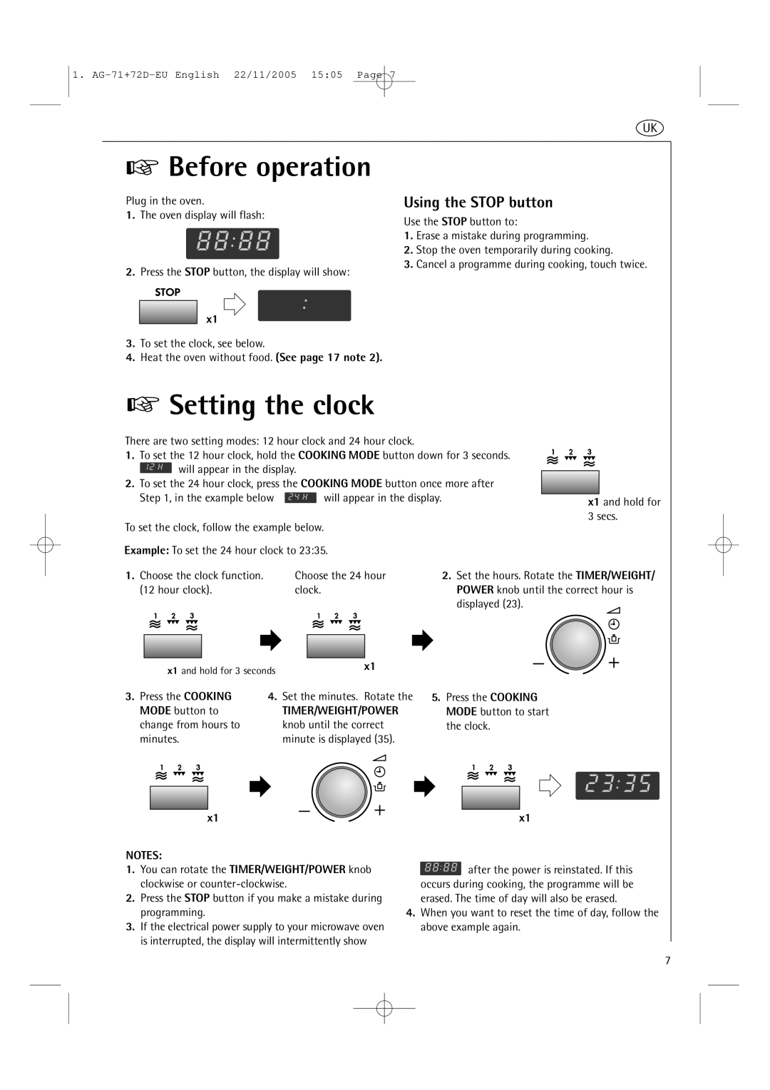 AEG MCD2661EM user manual Before operation, Setting the clock, Using the Stop button, Press the Cooking, Timer/Weight/Power 