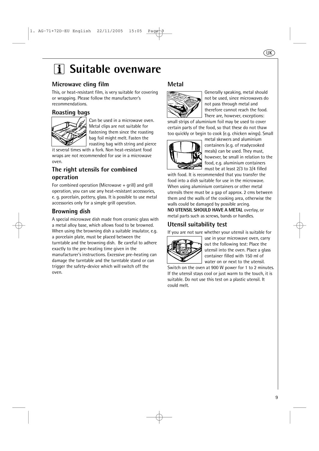 AEG MCD2661EM user manual Microwave cling film, Roasting bags, Right utensils for combined operation, Browning dish, Metal 