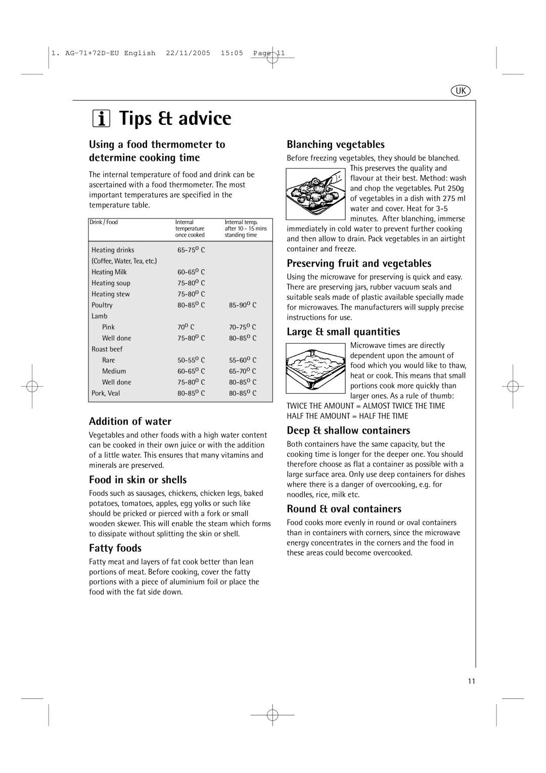 AEG MCD2661EM Using a food thermometer to determine cooking time, Addition of water, Food in skin or shells, Fatty foods 