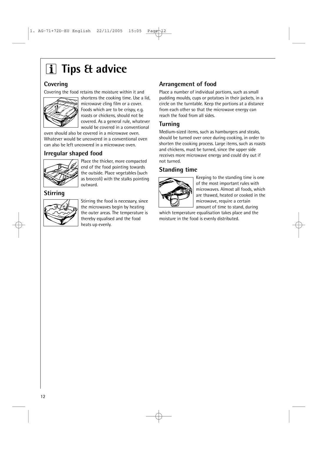 AEG MCD2661EM user manual Covering, Irregular shaped food, Stirring, Arrangement of food, Turning, Standing time 