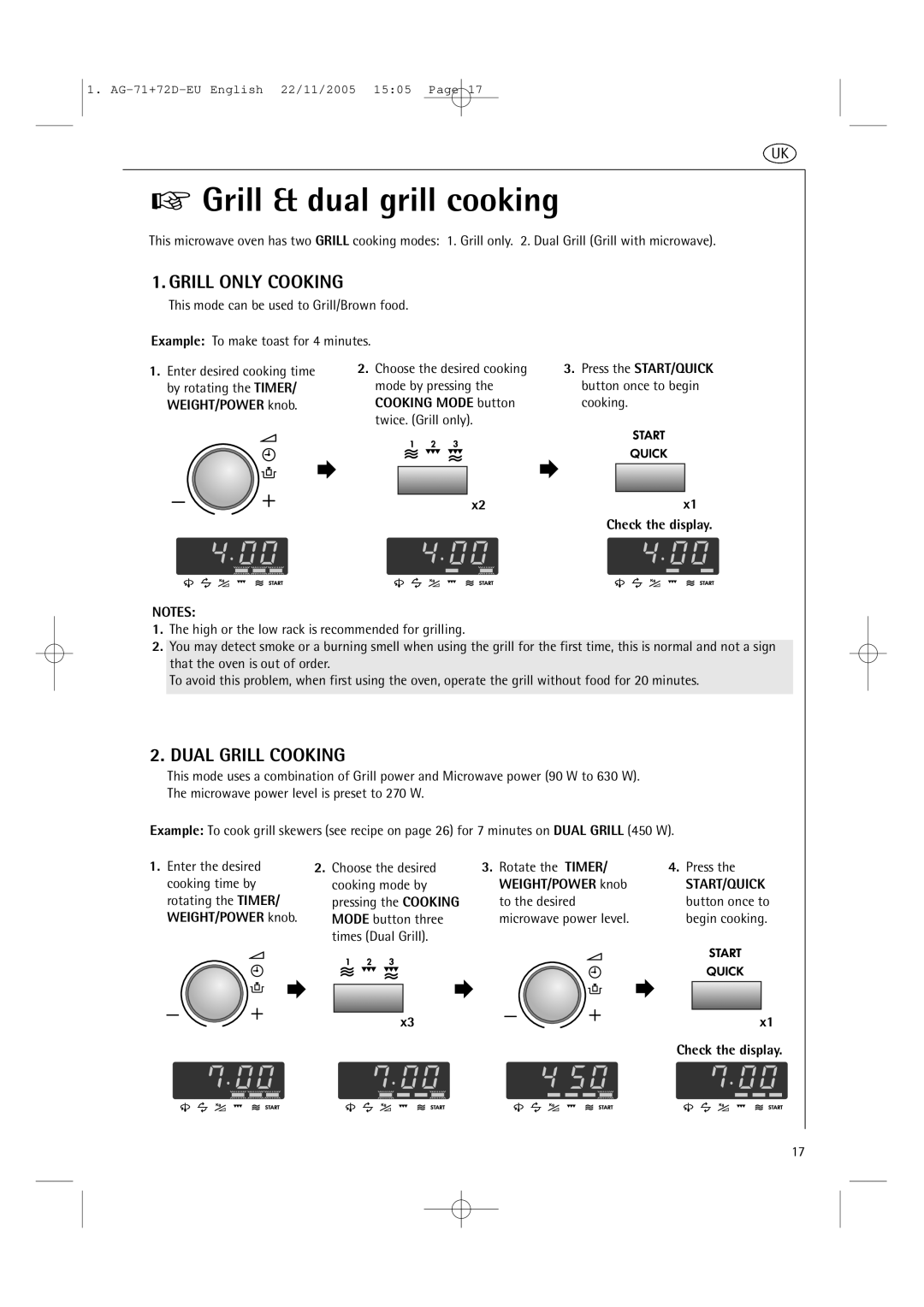 AEG MCD2661EM user manual Grill & dual grill cooking, Grill only Cooking, Dual Grill Cooking 