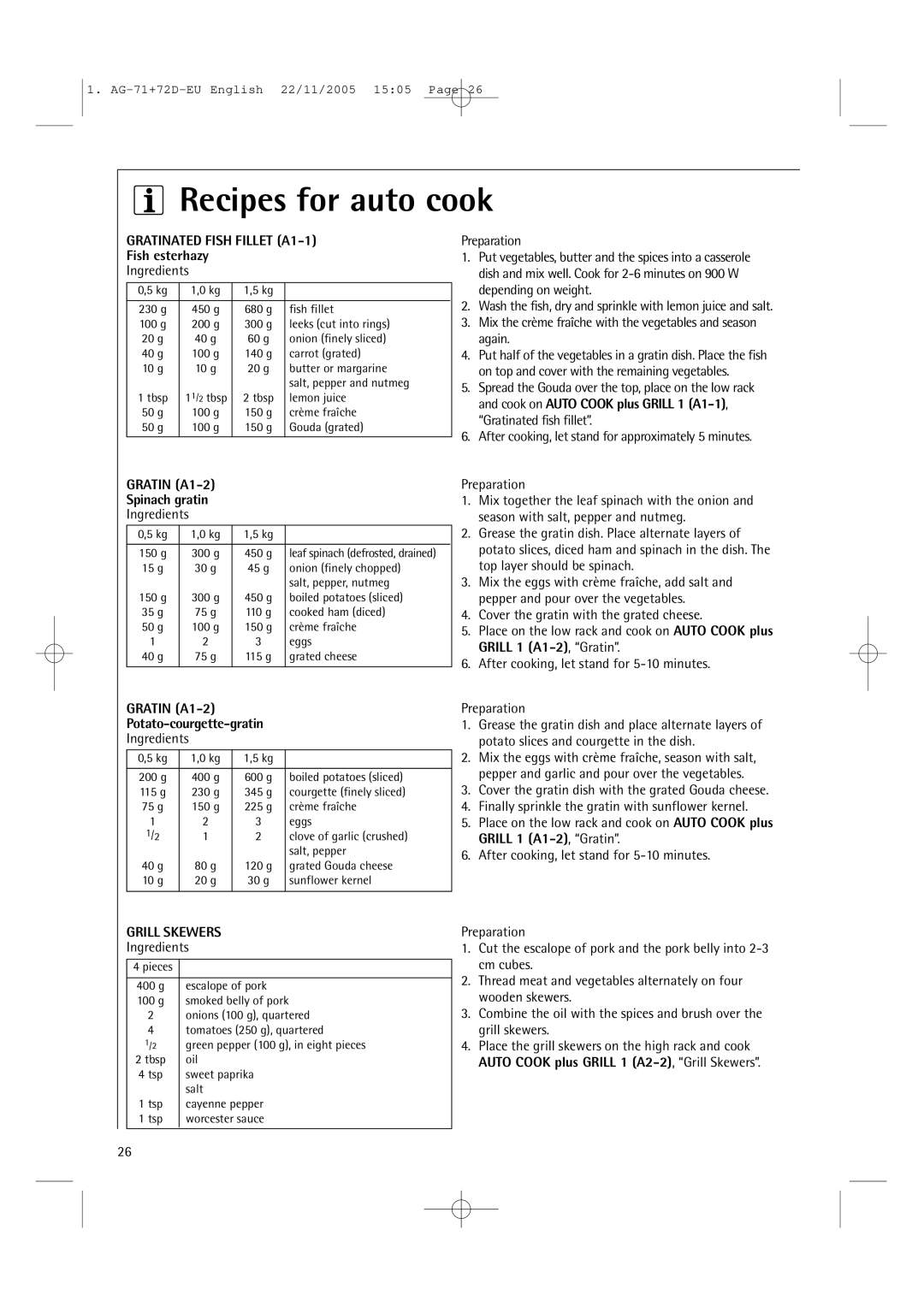 AEG MCD2661EM user manual Fish esterhazy, Gratin A1-2, Spinach gratin, Potato-courgette-gratin, Grill Skewers 