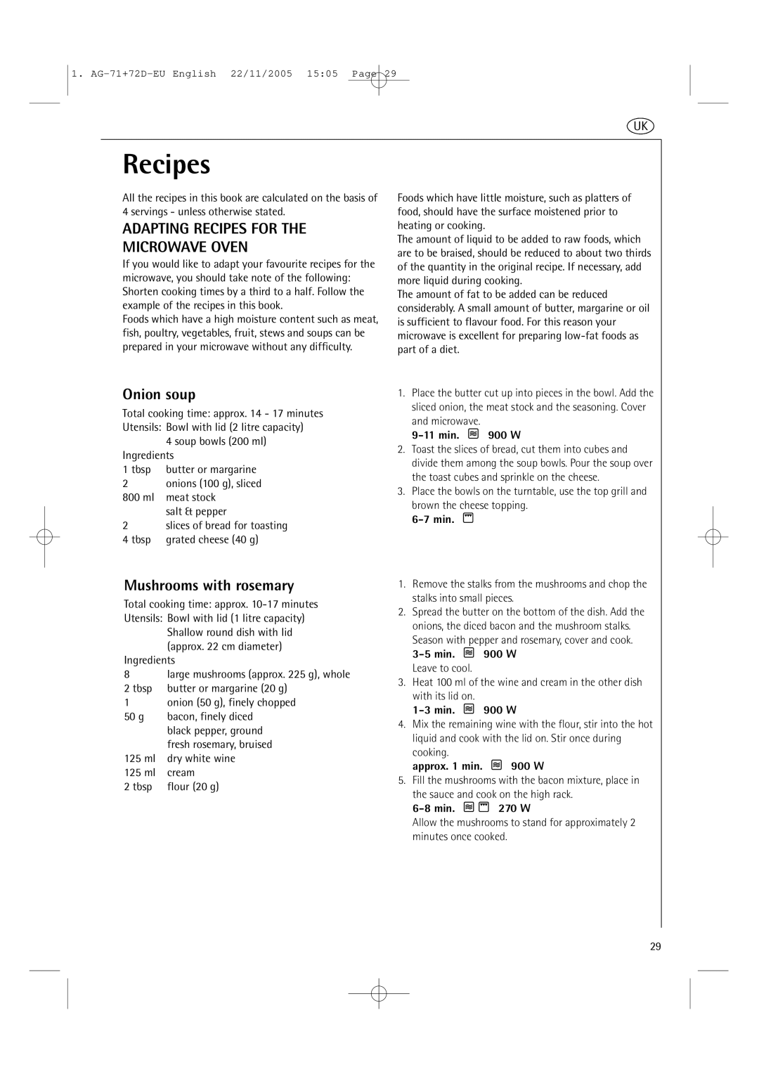 AEG MCD2661EM user manual Adapting Recipes for Microwave Oven, Onion soup, Mushrooms with rosemary 