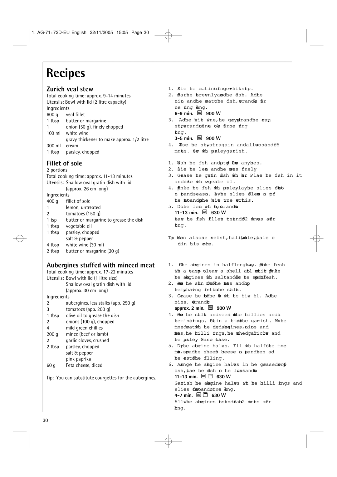 AEG MCD2661EM user manual Zurich veal stew, Fillet of sole, Aubergines stuffed with minced meat 