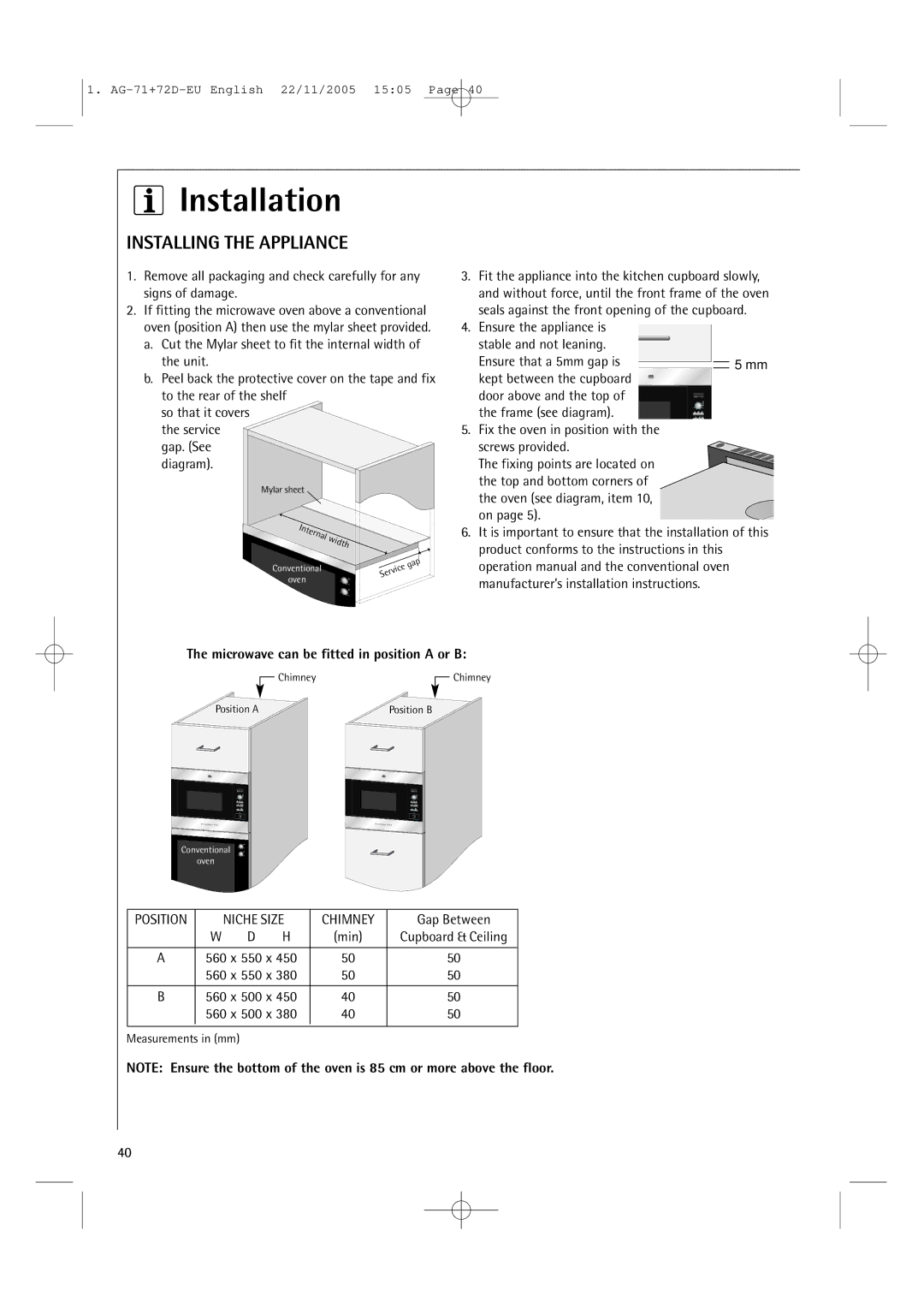 AEG MCD2661EM user manual Installation, Installing the Appliance, Microwave can be fitted in position a or B, Gap Between 