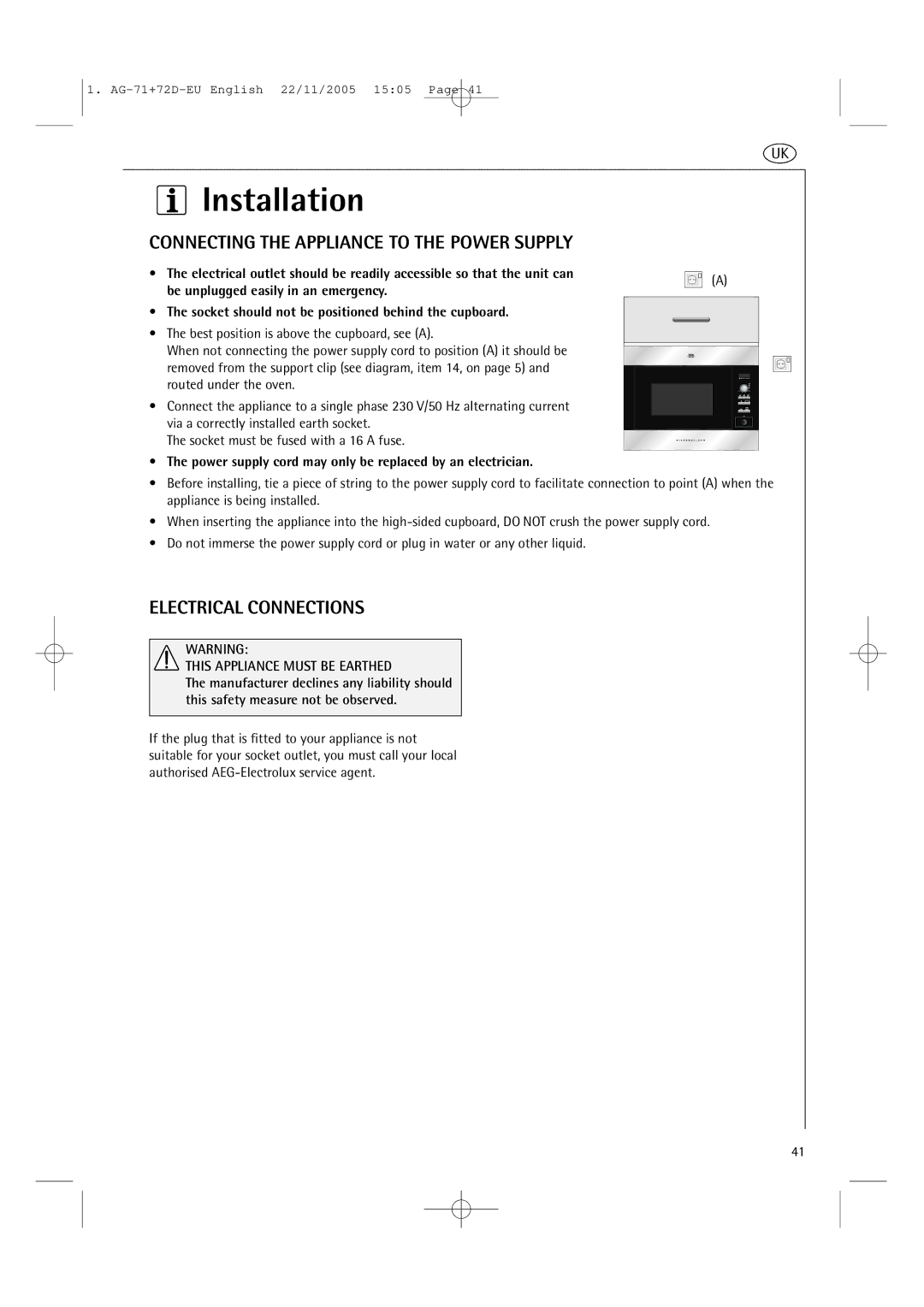 AEG MCD2661EM Connecting the Appliance to the Power Supply, Electrical Connections, This Appliance Must be Earthed 