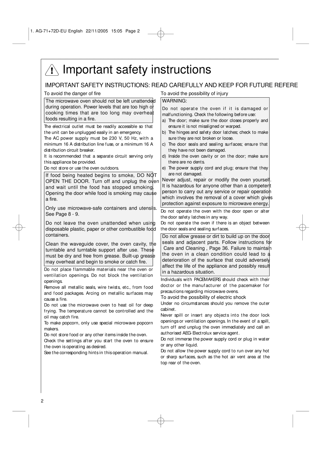 AEG MCD2661EM user manual Important safety instructions, To avoid the possibility of injury 