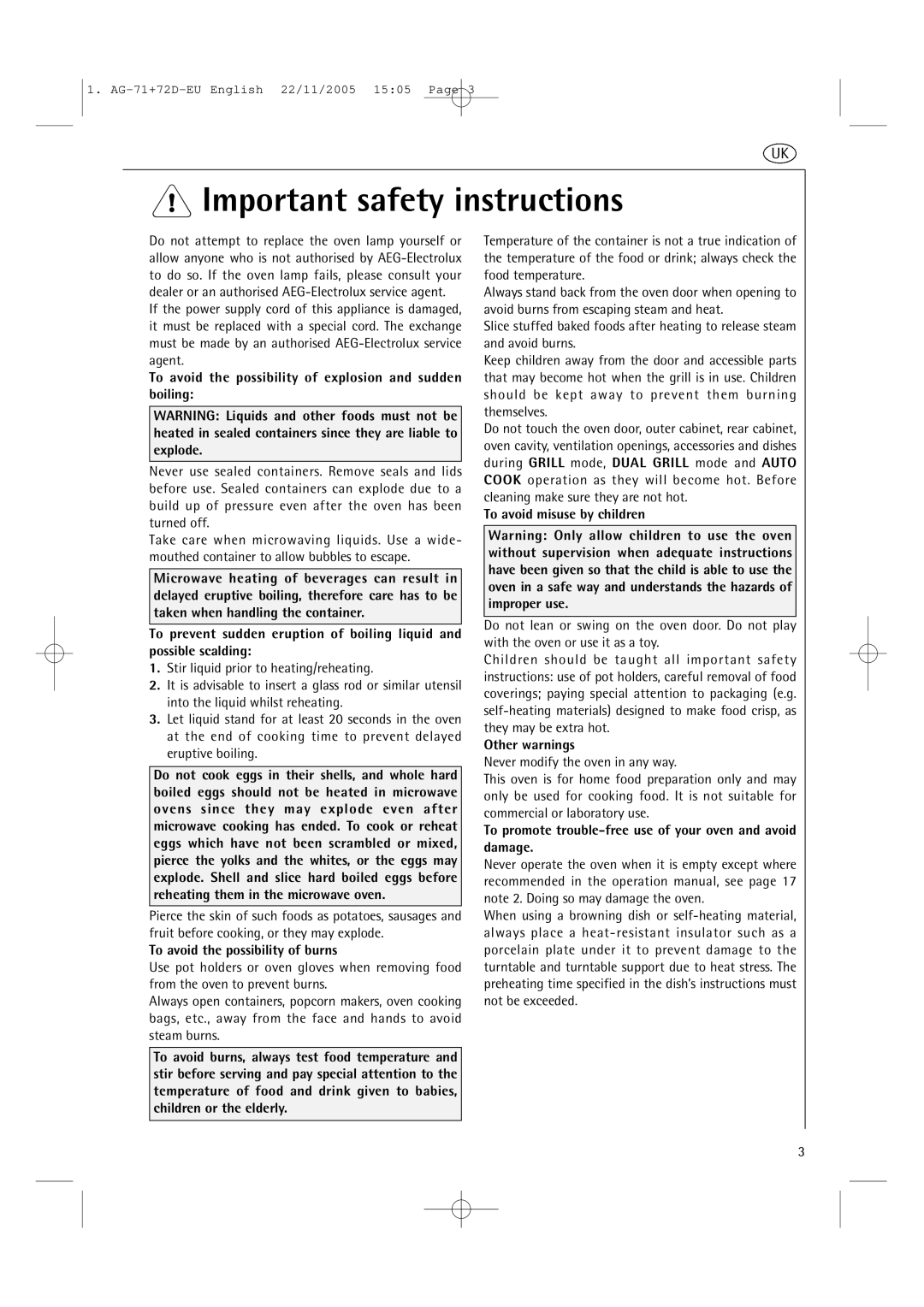 AEG MCD2661EM To avoid the possibility of explosion and sudden boiling, To avoid the possibility of burns, Other warnings 