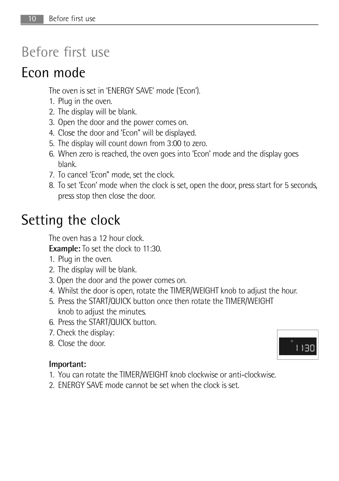 AEG MCD2662E user manual Before first use, Econ mode, Setting the clock 