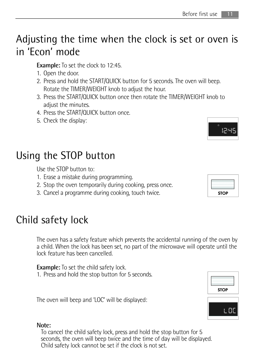 AEG MCD2662E user manual Using the Stop button, Child safety lock, Example To set the clock to Open the door 