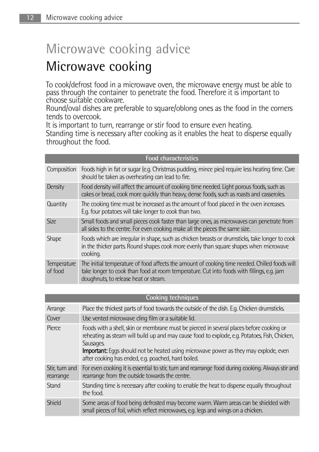 AEG MCD2662E user manual Microwave cooking advice, Food characteristics, Cooking techniques 