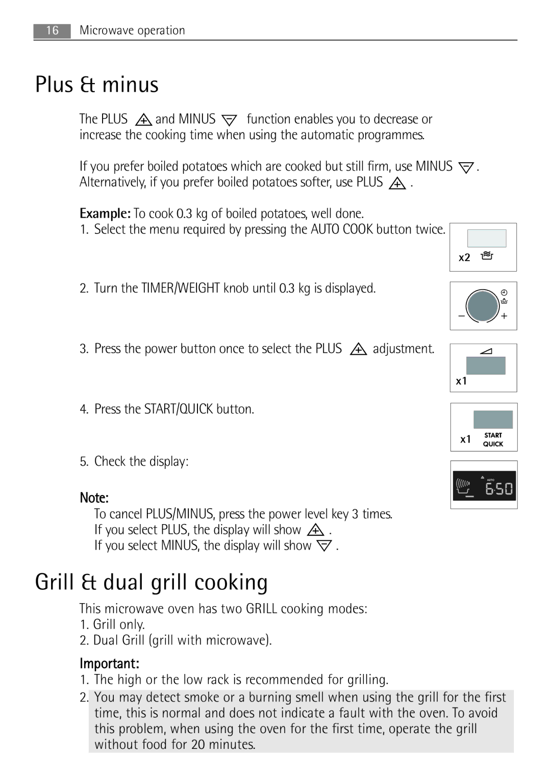 AEG MCD2662E user manual Plus & minus, Grill & dual grill cooking, Press the START/QUICK button Check the display 