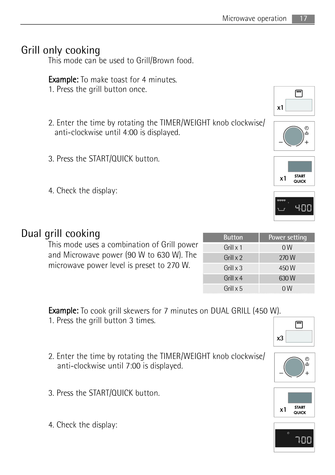 AEG MCD2662E Grill only cooking, Dual grill cooking, This mode can be used to Grill/Brown food, Button Power setting 