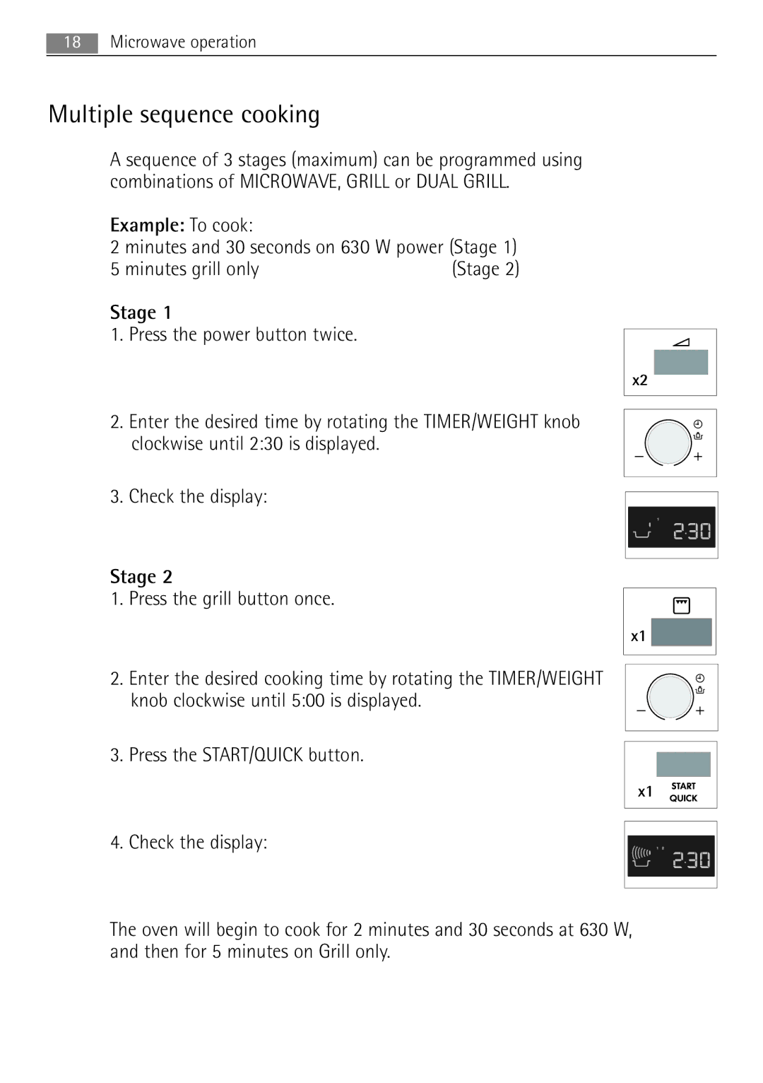 AEG MCD2662E user manual Multiple sequence cooking, Press the power button twice, Press the grill button once, Stage 